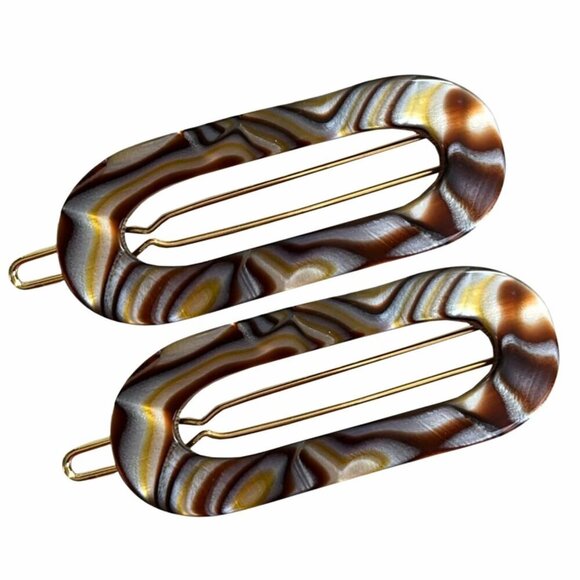 Mini Oval Celluloid Hair Clips Silver Onyx 2 Pcs Tige Boule French Style